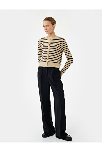 Koton Long Sleeve Crew Neck Striped Knitwear Cardigan