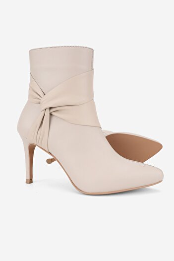 TUNAELLİ Women's Beige Genuine Natural Leather Size 35-41 Thin Heel Pointed Toe Boots & Booties