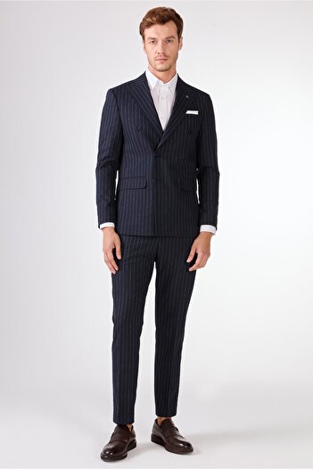 Dufy Navy Blue Striped Double Breasted Slim Fit Suit