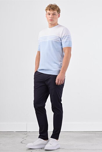 Dufy Light Blue Striped Pattern Short Sleeve Slim Fit Men's Knitwear