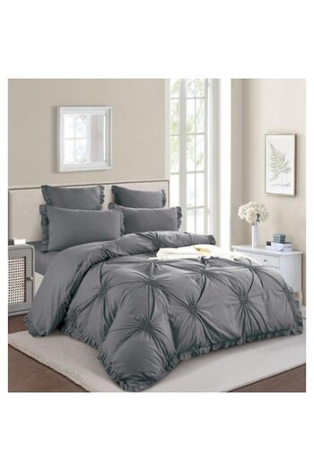 OEM Double Bed Linen, Uni, Embroidered Hearts Pattern, 6 Pieces, Fine Cotton, 180x200cm, Dark Grey