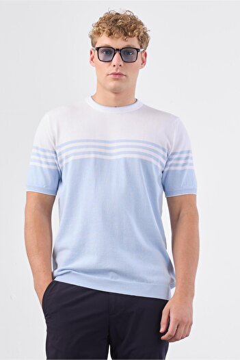 Dufy Light Blue Striped Pattern Short Sleeve Slim Fit Men's Knitwear