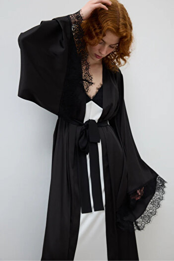 lousa Silky Satin Long Robe with Lace Sleeves