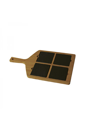 Horecatech Wooden platter with 4 square slate plates, 43x25x1.5 cm