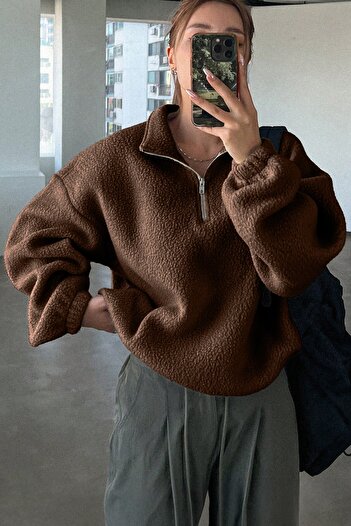 GHASSY CO. Women's Ultra Heat Plush Sherpa Oversize Half Metal Zipper Elastic Adjustable Fleece Sweatshirt