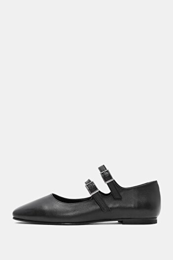 Bestyle Zahia Women's Black Genuine Leather Buckle Ballerinas