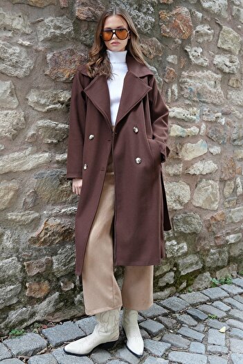 VAGGON Women's Brown Double Pocket Lined Double-Breasted Collar Long Cashmere Coat Vs01215