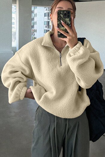 GHASSY CO. Women's Ultra Heat Plush Sherpa Oversize Half Metal Zipper Elastic Adjustable Fleece Sweatshirt
