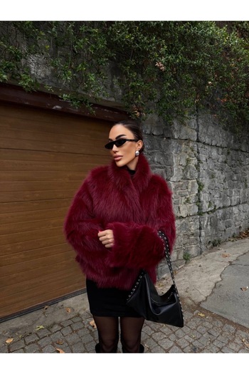 manana fashion Burgundy Double Breasted Premium Fur Coat