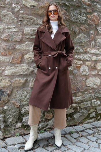 VAGGON Women's Brown Double Pocket Lined Double-Breasted Collar Long Cashmere Coat Vs01215