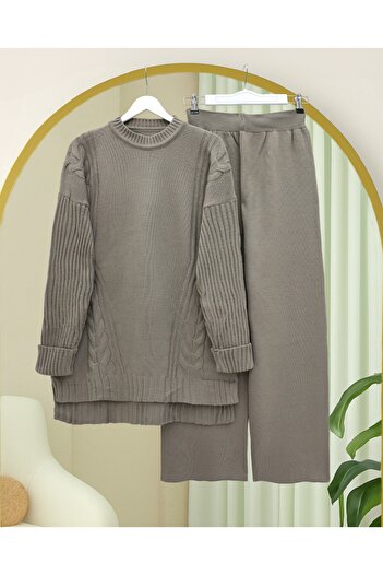 Modamorfo Knitted Patterned Long Back Knitwear Set - Earth