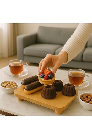ENYAZA(2024) Bamboo Top Pedestal Serving Plate Square 25X25 cm – Stylish Cake & Dessert Breakfast Serving Plate