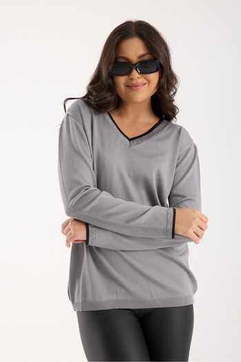 Moda Days Women's Gray Elite Viscose Fabric Contrast Glitter Trim V-Neck Knit Blouse