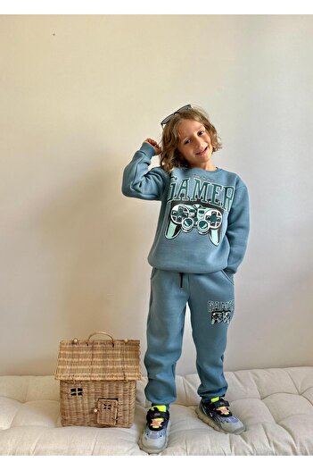 Patriko Winter Season Boys Gamer Game Console Printed 3-Ply Fleece Inside Sweatshirt Tracksuit Bottom Top Set