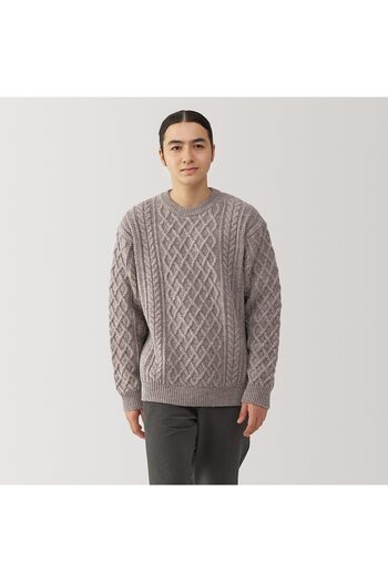 Muji Andes Wool Cable Stitch Crew Neck Long Sleeves Sweater