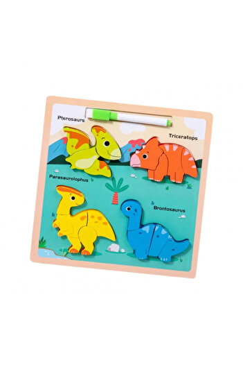 Toyska 3D Wooden Inlay Puzzle and Drawing Board with Marker Chunky, Dinosaurs, 16 Pieces, Multicolor
