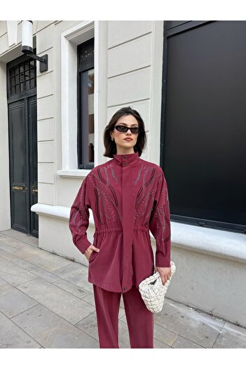 MİA NOURA Women's Front Sleeves with Bead Embroidery Tansel Fabric Bambir Ceken Pant Suit