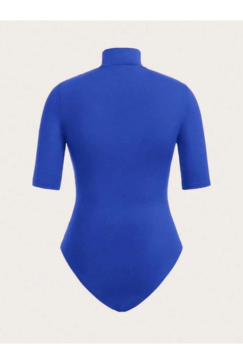 MetuCA Women's Blue Turtleneck Short Sleeve Jersey Fabric Bodycon Thong Cut Bodysuit Leotard
