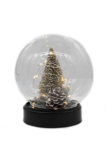 velve Christmas decoration in the shape of a Christmas tree, in a globe, with lights and a fir cone