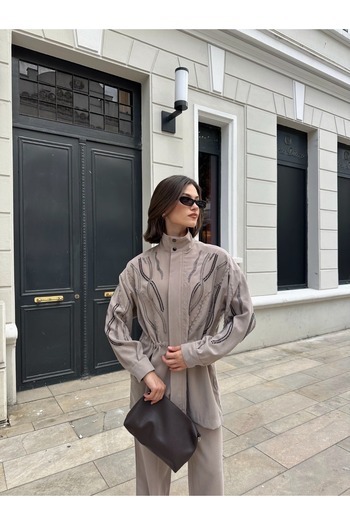 MİA NOURA Women's Front Sleeves with Bead Embroidery on Tansel Fabric Bambir Ceken