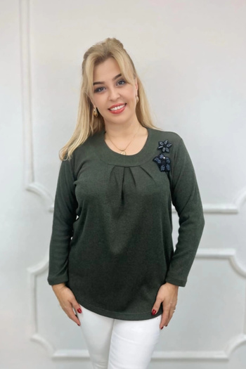 Bİ.GİYSEN Women's Green Crew Neck Plus Size Pleated Collar Lycra Slim Fit T-Shirt Buluz
