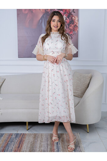 TREN Women's Summer Party Dress - Elegant Floral A-Line Midi with Ruffle Sleeves and Belt