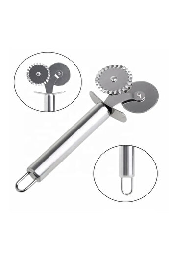 Buççin Luxury Pizza Cutter with Steel Handle and Double Steel Blades, Knife Set for 1 Person, Stainless Steel, 1 Gray, Specify Hk