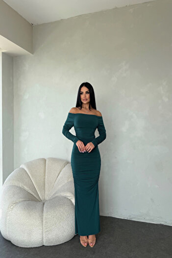LİLA İSTANBUL MADONNA YAKA BEL OMUZ LASTİK DETAYLI ELBİSE