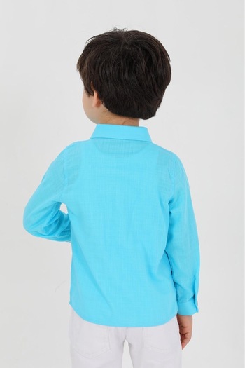 SİERNA Linen Children's Shirt Turquoise Long Sleeve