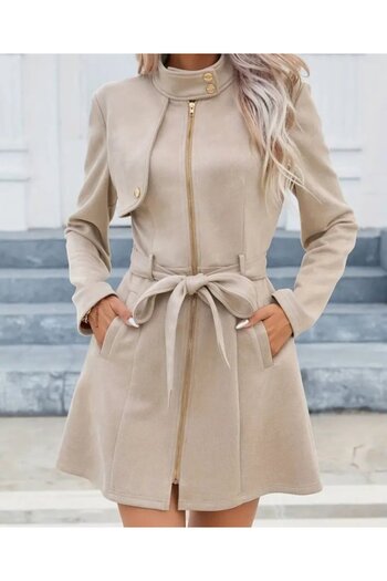 Wear Up Women's Long Sleeve Buttoned Zippered Waist Belted Suede Jacket