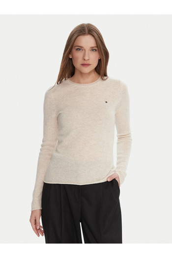 Tommy Hilfiger Women's Short Sleeve Crew Neck Striped Regular Fit Beige Sweater Ww0Ww40264-Adk