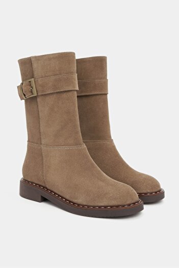 NİŞANTAŞI SHOES Lenora Rome Bej Süet Hakiki Deri Toka Detay Düz Taban Kadın Bot