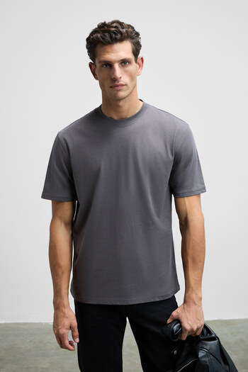 GRIMELANGE Solo Men's 100% Organic Cotton Thick Textured Comfort Fit Crew Neck Anthracite T-Shirt