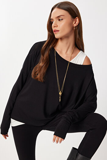 Lovelyİstanbul Viscose Blouse with Open Shoulders Len0045 Black White