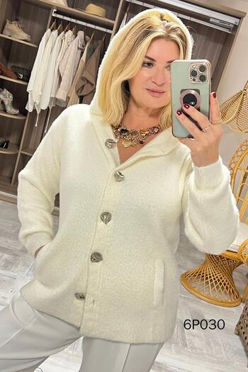 İnce Topuk Prive Series Hooded Bearded Knitwear Cardigan 6P030