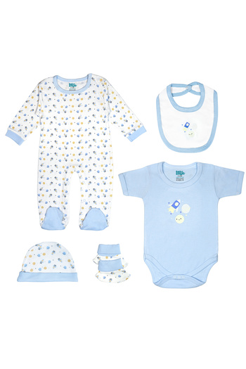 Babies Basic 5 piece Unisex 100% Cotton Sets include Bib, Romper, Mittens, Cap and Sleepsuit/Jumpsuit