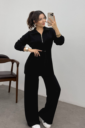 Ladima Women's Black Elastic Waist Zippered Modal Sweat Suit