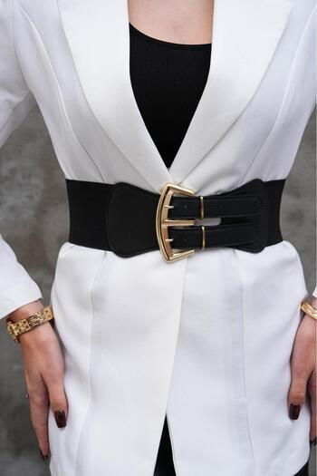 MODAM HİFA Gold Buckle Elastic Women's Belt Dress Belt Waist Belt Trouser Belt