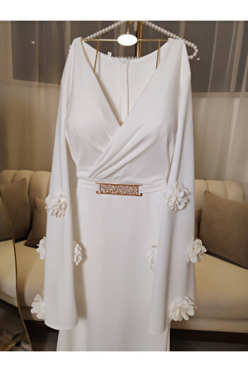 TREN Floral Applique Belted Wrap Dress - Elegant Luxe Evening Gown for Special Occasions