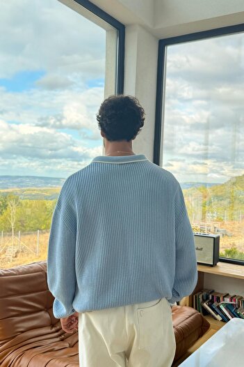 Flaw Wear Buttoned Polo Neck Blue Knitwear Sweater