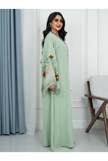 TREN Mint Green Embroidered Kaftan Maxi Dress - Stone Beaded V-Neck Tassel Sleeve Jalabiya
