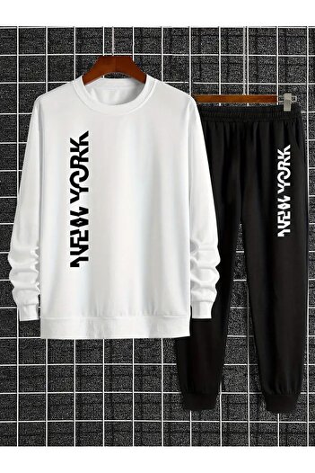 puolikuu Sweatshirt Jogger Tracksuit Set - Oversize Shaded New York Vertical Lettering Printed Bisikletyaka