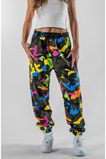 Superbluemexico Women's Colorful Camouflage Jogger Pants with Elasticated Cuffs