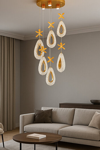 Fer Avize Arel 6lı Modern Led Avize Gold Renk Kristal Görünüm Gün Işığı Enerji Tasarruflu Salon Yemek Odası