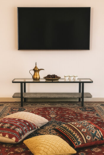 MARIA HOMES Modern Glass Top Console Table with Grey Stone Shelf & Black Metal Frame – 180×40×50 cm
