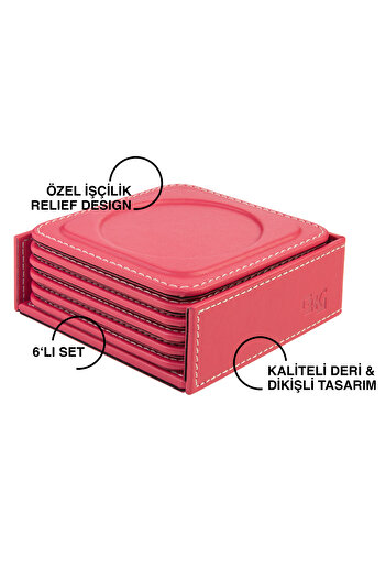 2K Coasters, Set of 6, Desktop Round Cup Coaster, Vegan Faux Leather, 11X11 Cm., Fuchsia