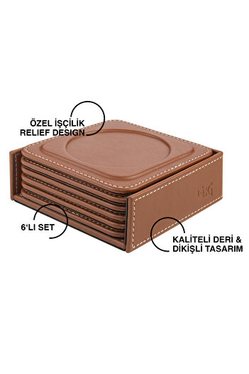 2K Coasters, Set of 6, Desktop Round Cup Coaster, Vegan Faux Leather, 11X11 Cm., Tan