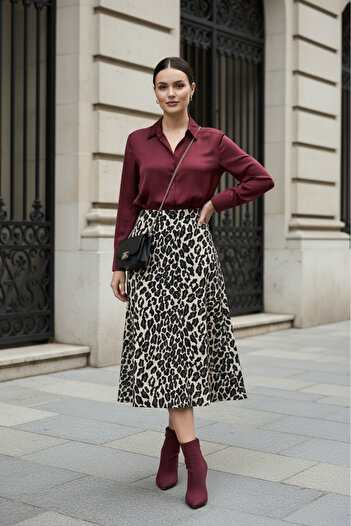 eyyebelle Leopard Patterned Women's Elastic Waist Midi Length Wrap Bell Skirt