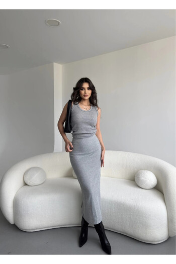 hazelin Women's Gray Knitwear Crop Long Slit Skirt Set Hzl25W-Zk1991