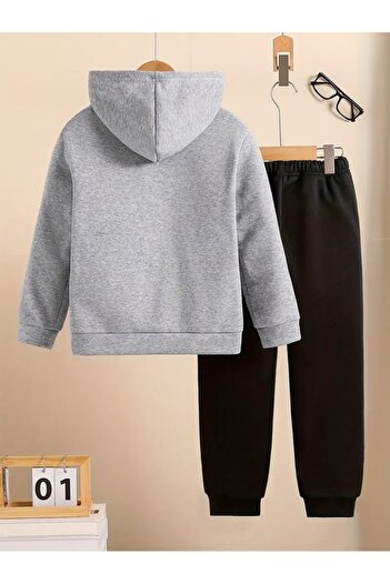 buendiakids Girl/Boy's Grey-Black Boston Printed Hooded Sweatpants Set